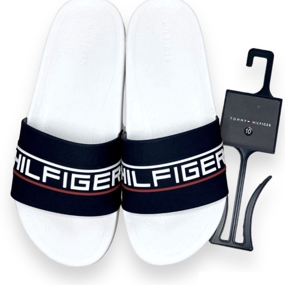 Tommy Hilfiger Mens Evered Logo Slide Sandal Size 10 White Dark Blue Red